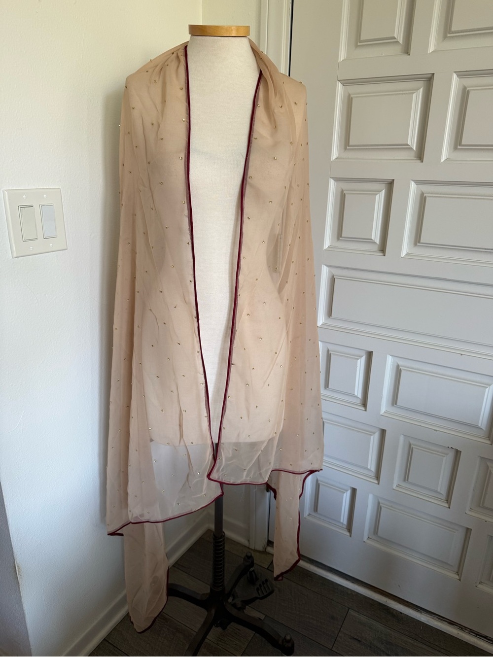 Beige Sheer Scarf Wrap Burgundy Trim Embellished Sequins Evening